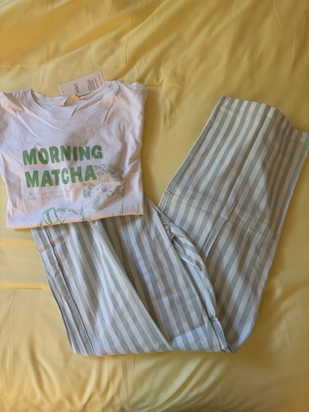 Morning Matcha Cotton Pajama Set - , White & Light Green Stripe